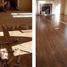 Living room floor before and after refinishing