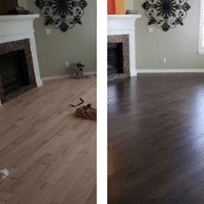 Hallway floor before and after refinishing