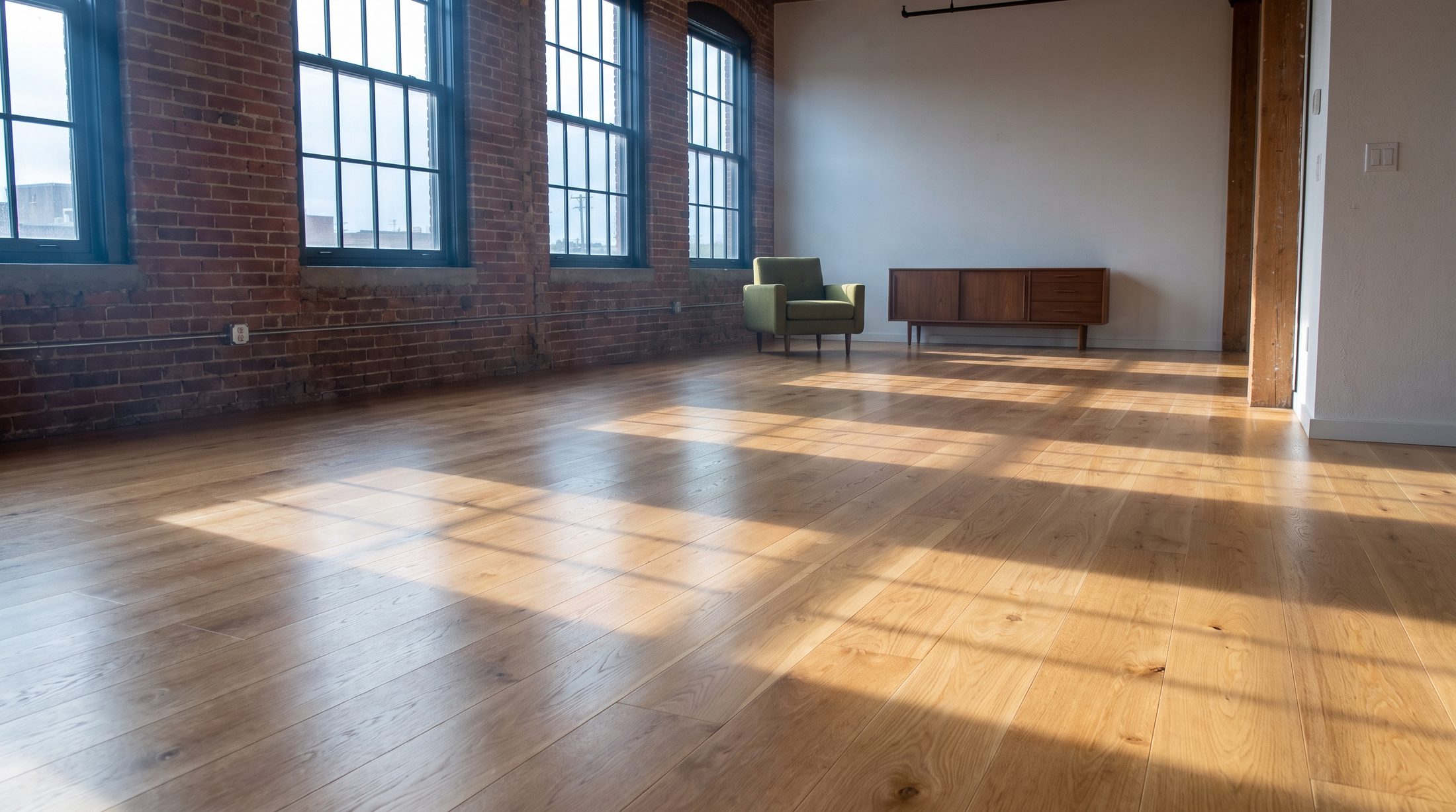 Refinished wide plank white oak floor in a Denver loft